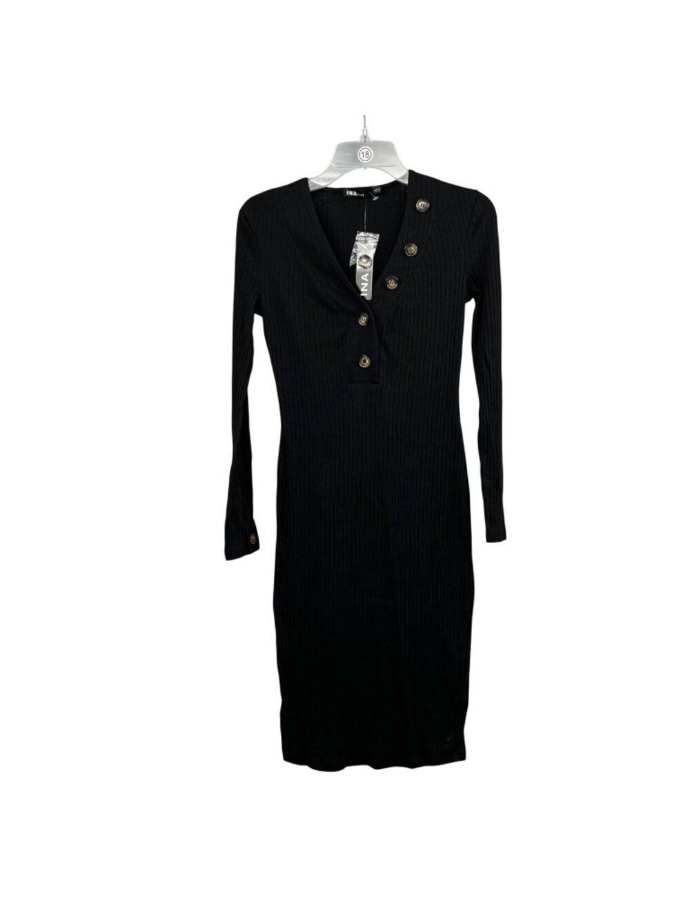 INA Womens Midi Bodycon Dress Long Sleeve Ribbed Black Size Medium New